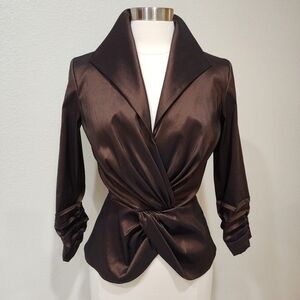 Tadashi Shoji Formal Stretch Taffeta Surplice Blouse Chocolate Brown size 8
